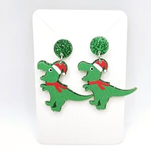Christmas TRex Dangles Green Dinosaur Holiday Science Teacher Earrings Gift New